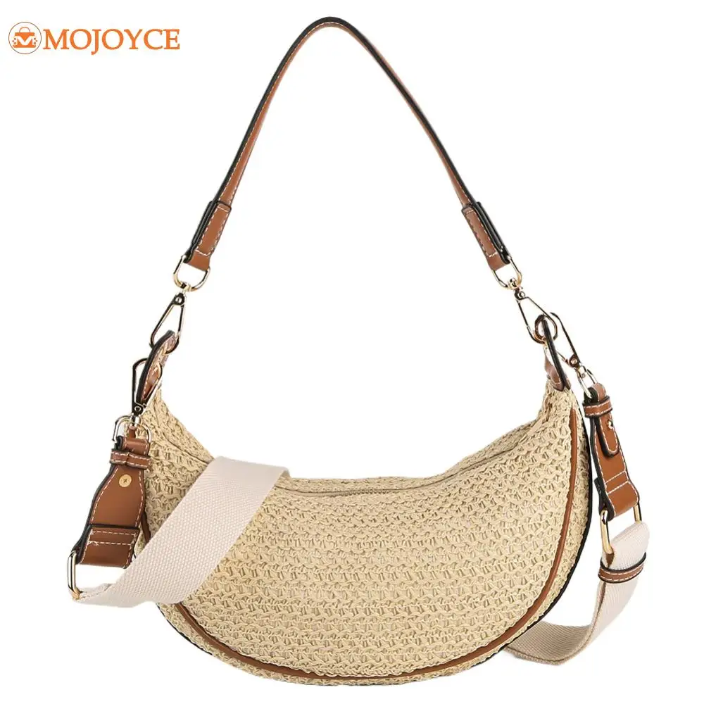 

Summer Straw Weaving Shoulder Bag Women's Hand-Woven Crescent Bag Large Capacity Woven Crossbody Bag Bohemian Beach Underarm Bag