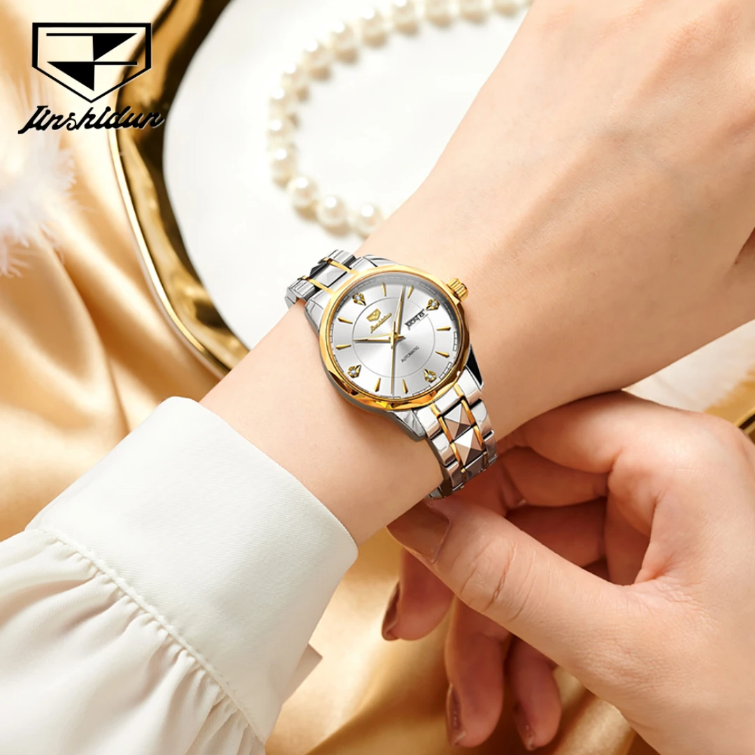 JSDUN 8975 Mechanical Fashion Watch Gift Stainless Steel Watchband Round-dial Wristwatch Week Display Calendar