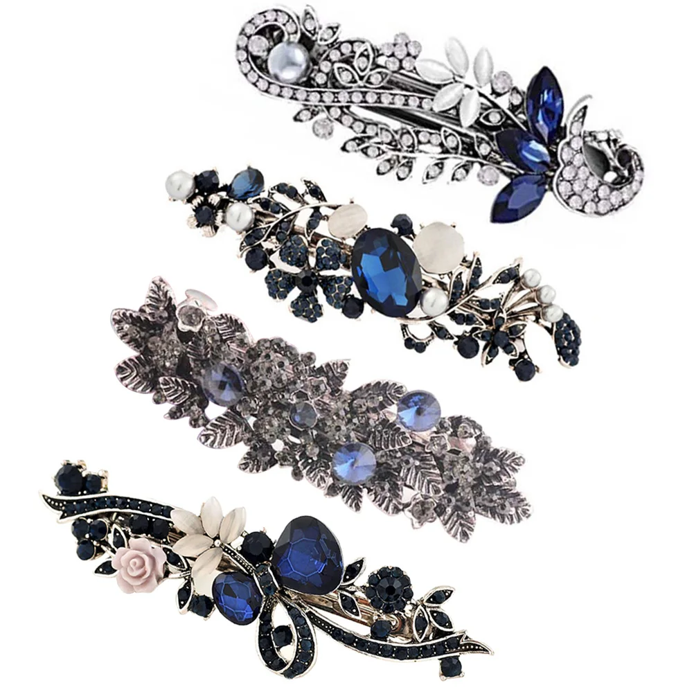 

4pcs Vintage Hairpins Retro Spring Rhinestone Flower Hair Clip Bobby For Women Girls Party Wedding Celebration Stylish Elegant