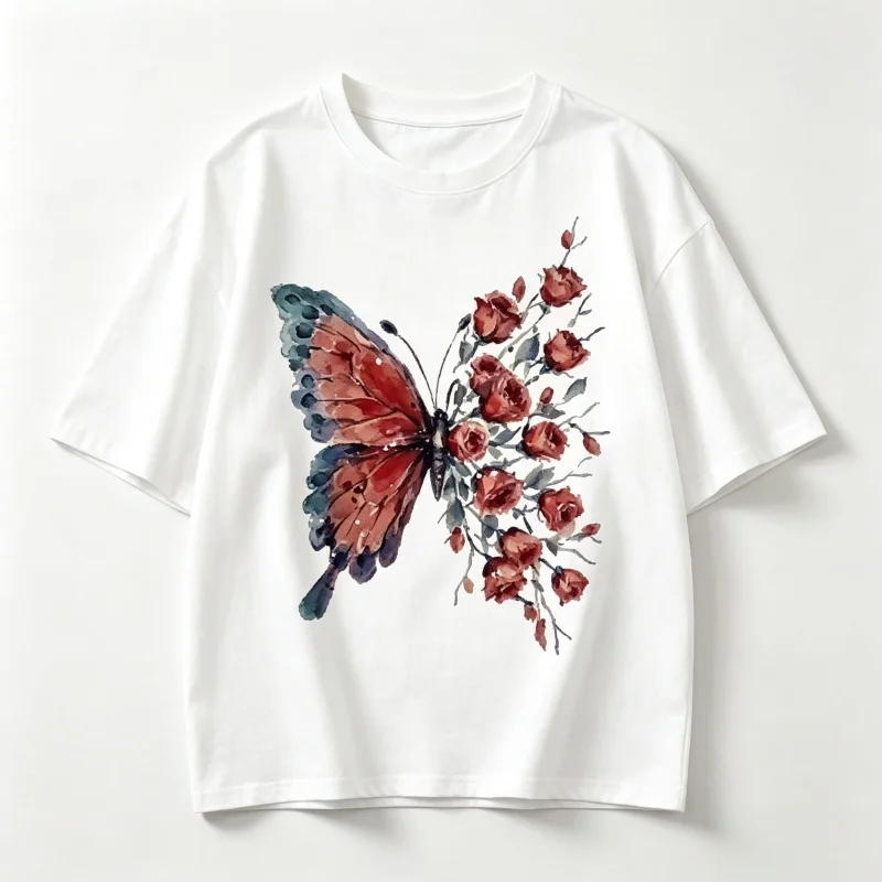 2026 Women's Watercolor Butterfly Rose Printed T-shirt Bohemian Retro Art Flower Style Pattern Fashion Casual Top