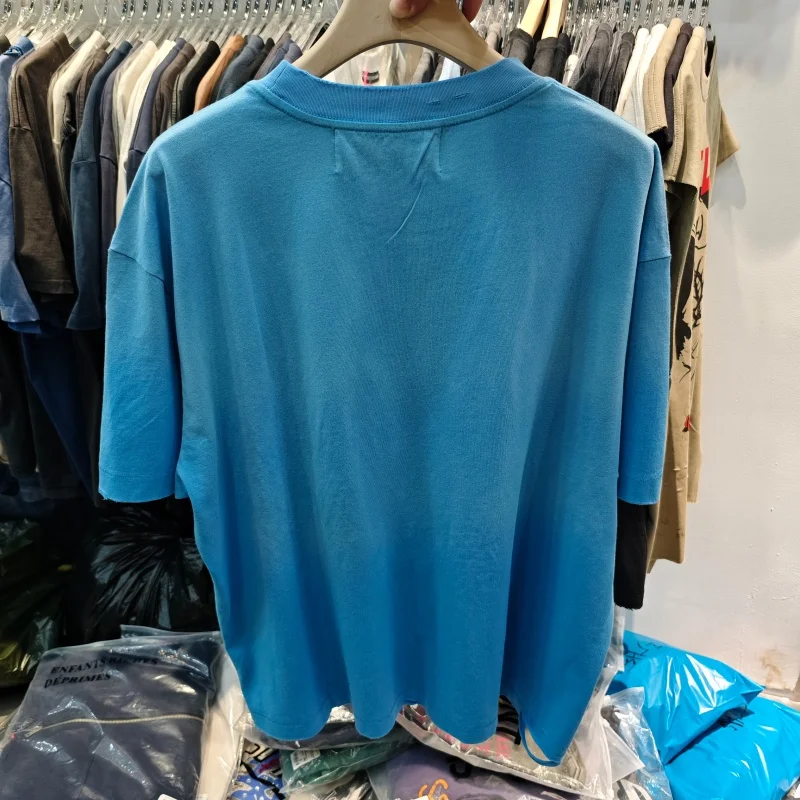 Mens American Retro Short Sleeve T-Shirt Thrashed Holes Premium Cotton Washed Blue Pocket Tee