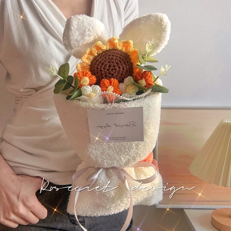 Handmade Wool Flowers Knitted Rose Flower Bouquet with Rabbit Ears Finished Sunflower Graduation Hand Bouquet Birthday Gift