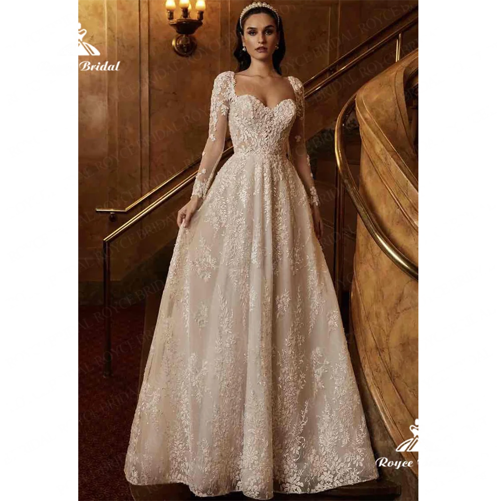 Roycebridal Sweethear A Line Wedding Dress 2025 Lace Long Sleeves Chapel Train Wedding Gown vestido de novia manga larga elegant