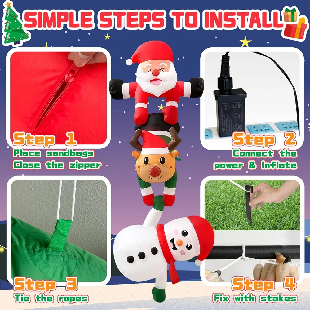 Pupazzo di neve gonfiabile sospeso natalizio da 2,4 m, Babbo Natale da arrampicata, per la decorazione del cortile del tetto con traversa interna ed esterna