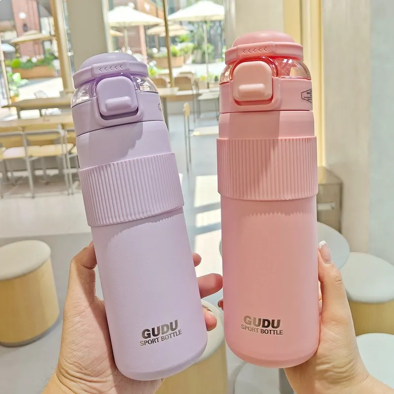 Fashion Couple Vacuum Insulated Water Bottle Large Capacity Sports Outdoor Cycling Straw Direct Drink Dual Use Tumbler Gift