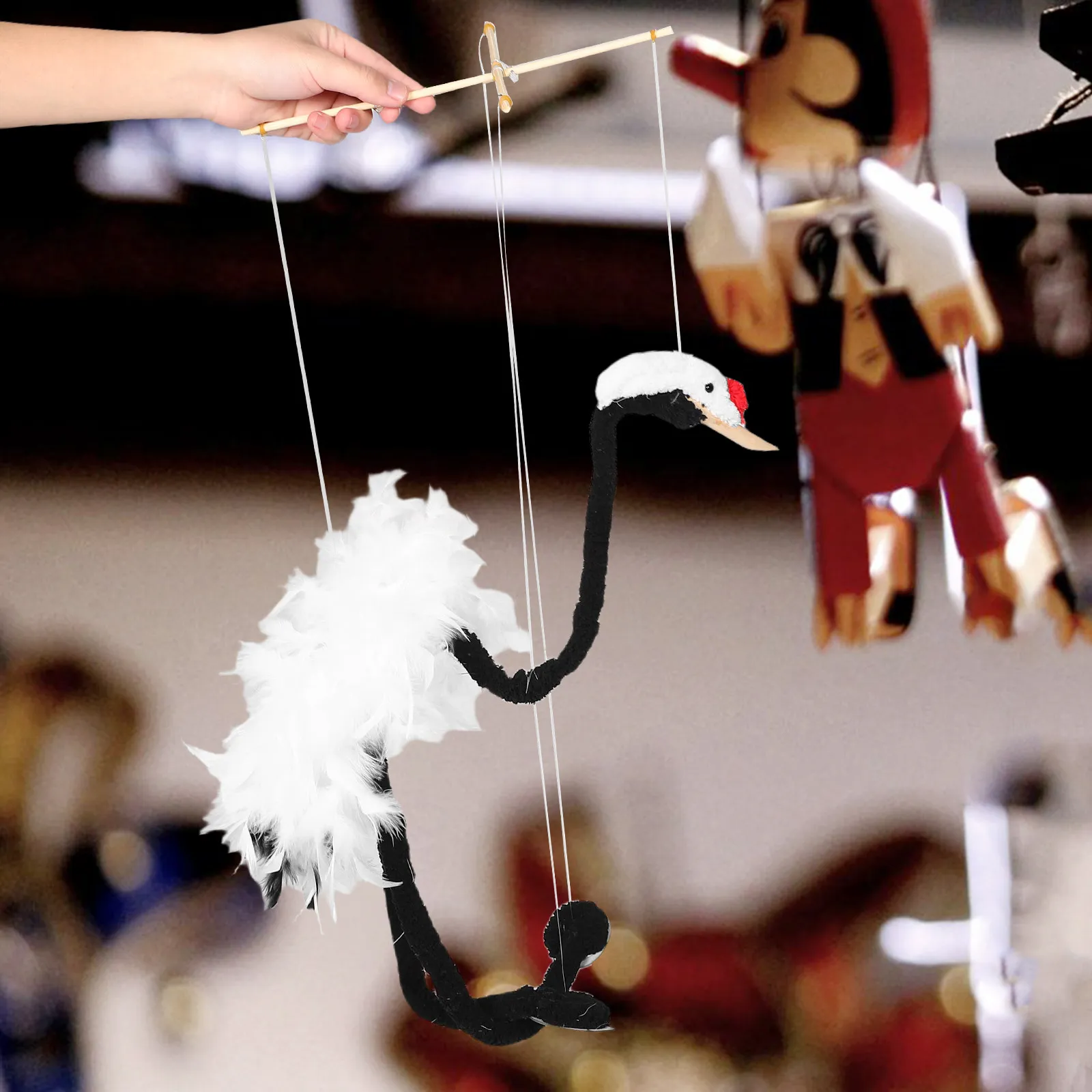 Handcrafted Crane Marionette Wooden Puppet Soft Plume Pull String Interactive Play Educational Creative Animal Performance Show