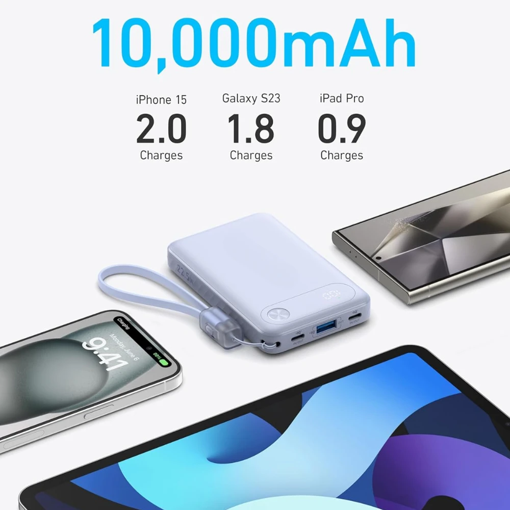 With Built-in USB-C Cable and Lanyard 22.5W Max Backup Battery Pack Power Bank 10000mAh Portable