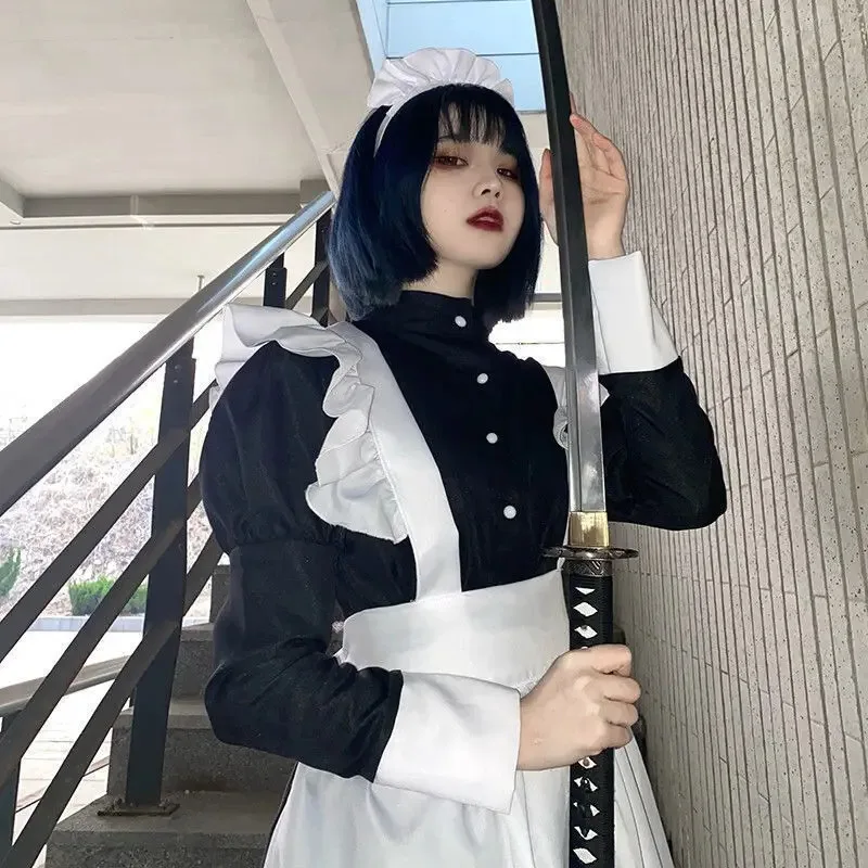 Abito da cameriera gotico Uomo Donna Cosplay Anime Costume da cameriera Lolita giapponese Abito lungo Grembiule bianco e nero Abito da caffè Costume XXXL
