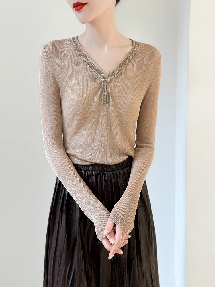 

Элегантная шерстяная вязаная базовая кофта для женщин с V-образным вырезом, блестящими вставками, премиум-класса, осенняя новинка, с длинным рукавом, для офиса