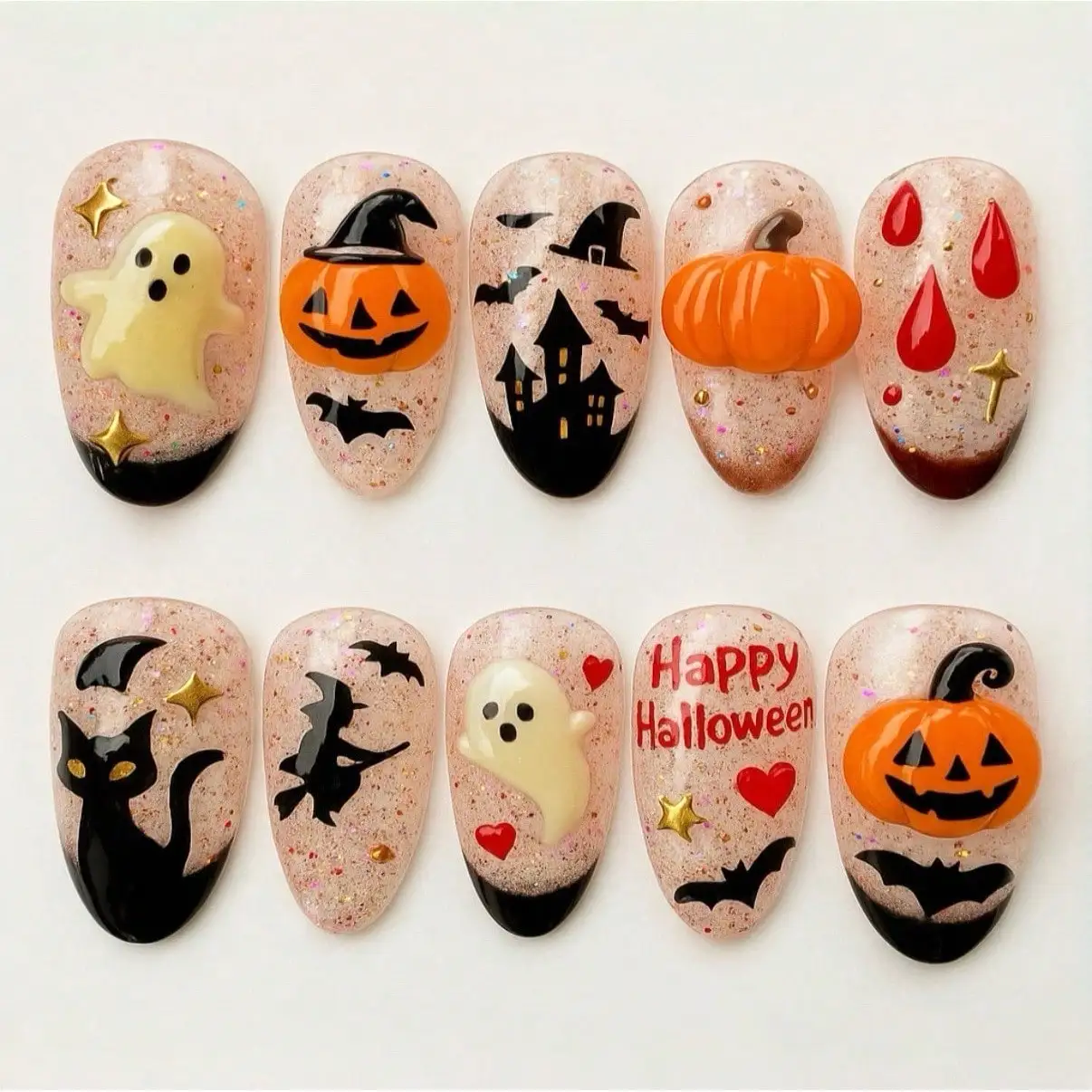30pcs Halloween Theme 3D Pumpkin & Ghost Blood Drop Pattern Color Chunky Glitter Eye Press On Nails | Press On Nails | Reusable Easy Apply | Halloween Cosplay Party | Spooky Ins Nail Art