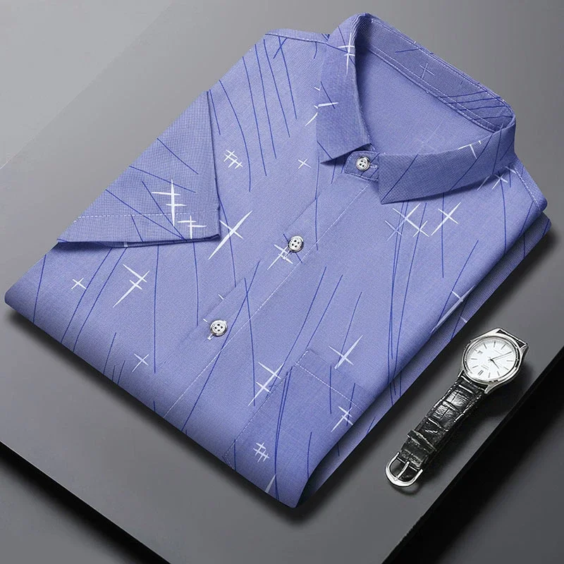 New Men's Business Casual Short Sleeved Printed Shirt with Wrinkle Resistance No Ironing Comfortable All Season Versatile Top