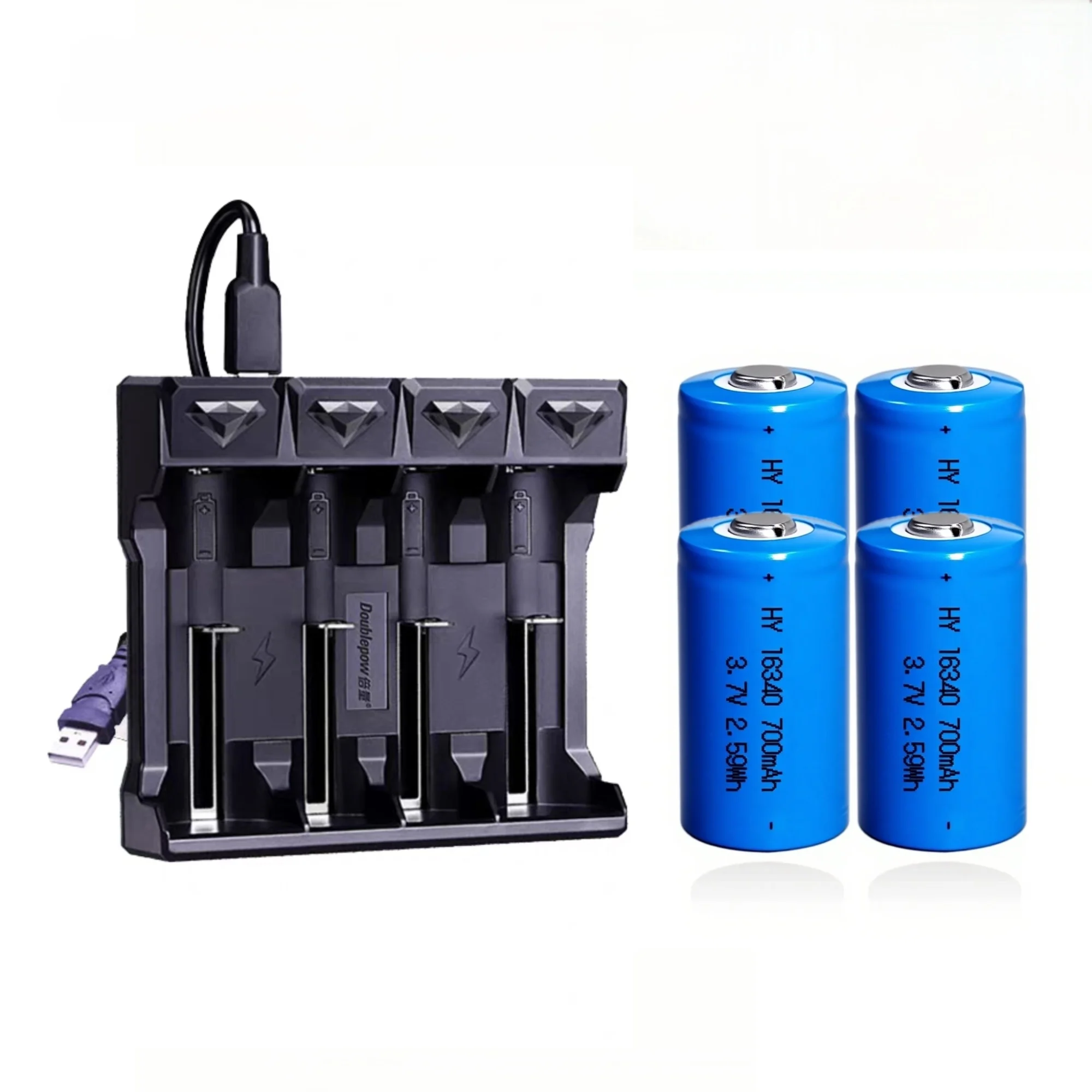 

Набор из 4 перезаряжаемых литиевых аккумуляторов 16340 3.7V 700mAh с зарядным устройством для камеры, фонарика, косметического прибора, монитора, датчика дыма