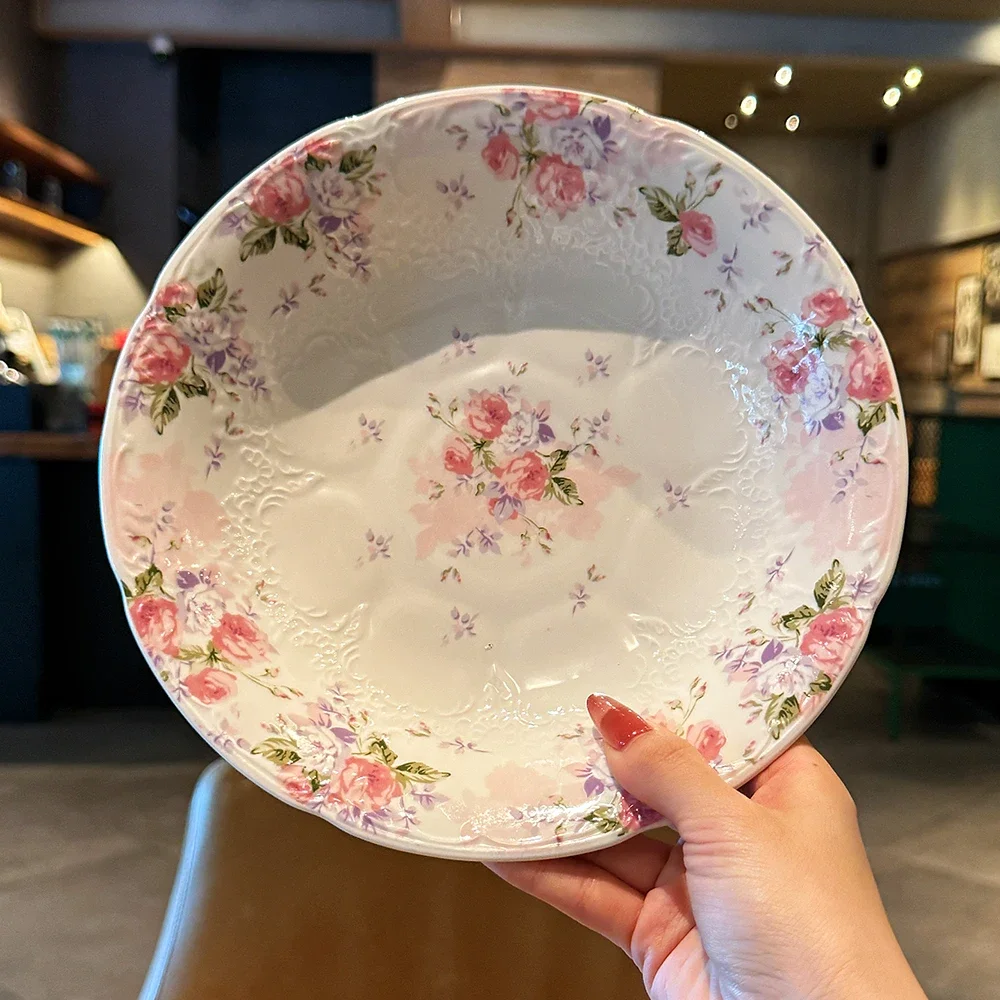 Ceramic Round Deep Floral Embossed Dish Home Kitchen Tableware Pasta Platter Western Salad Plate Breakfast Plates Saucer Dish