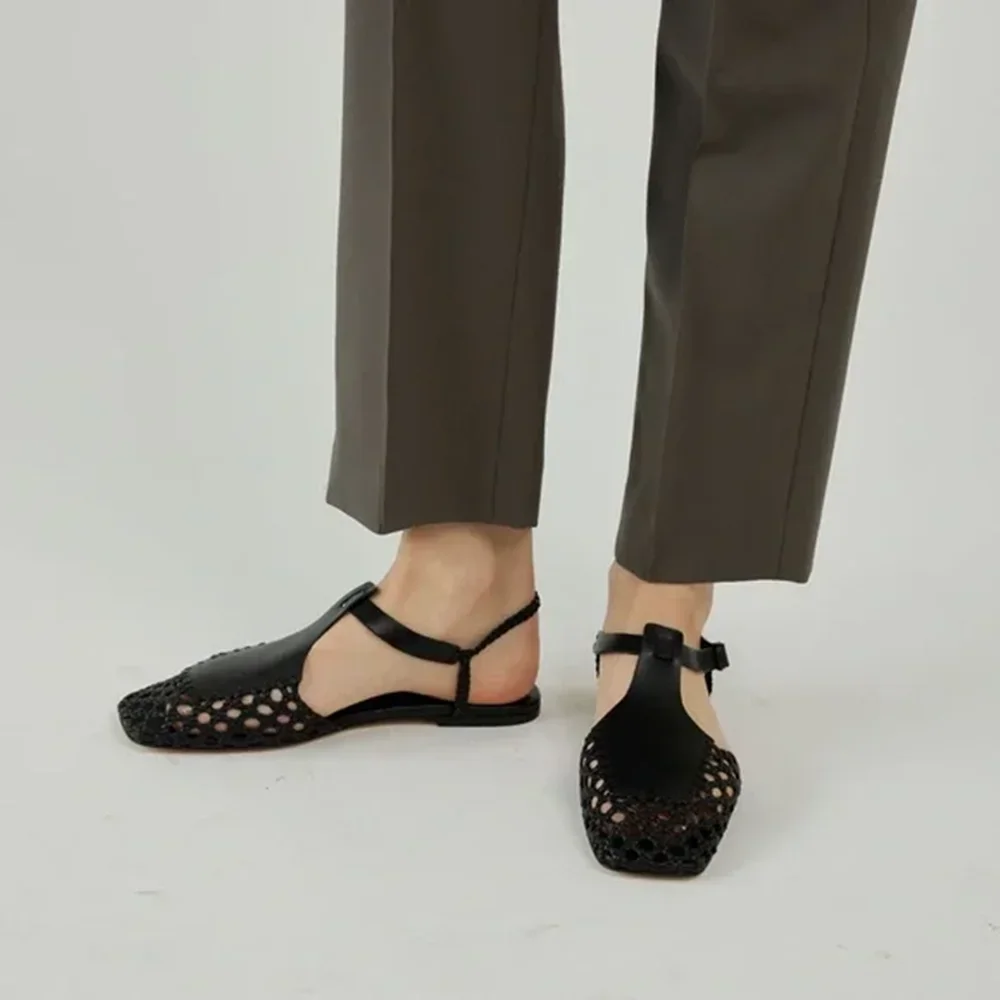 

Weaving Patchwork Flat With Shoes Sexy Hollow Out Square Toe Solid Slingback Buckle Strap New Arrivals Women Modern shoes