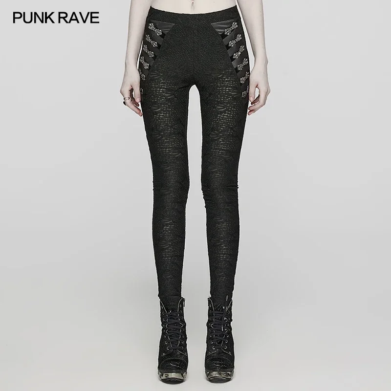 

PUNK RAVE Women's Gothic Stretch Texture Leggings Engraved Buckle Decoration Slim Sexy Pants Women Clothing