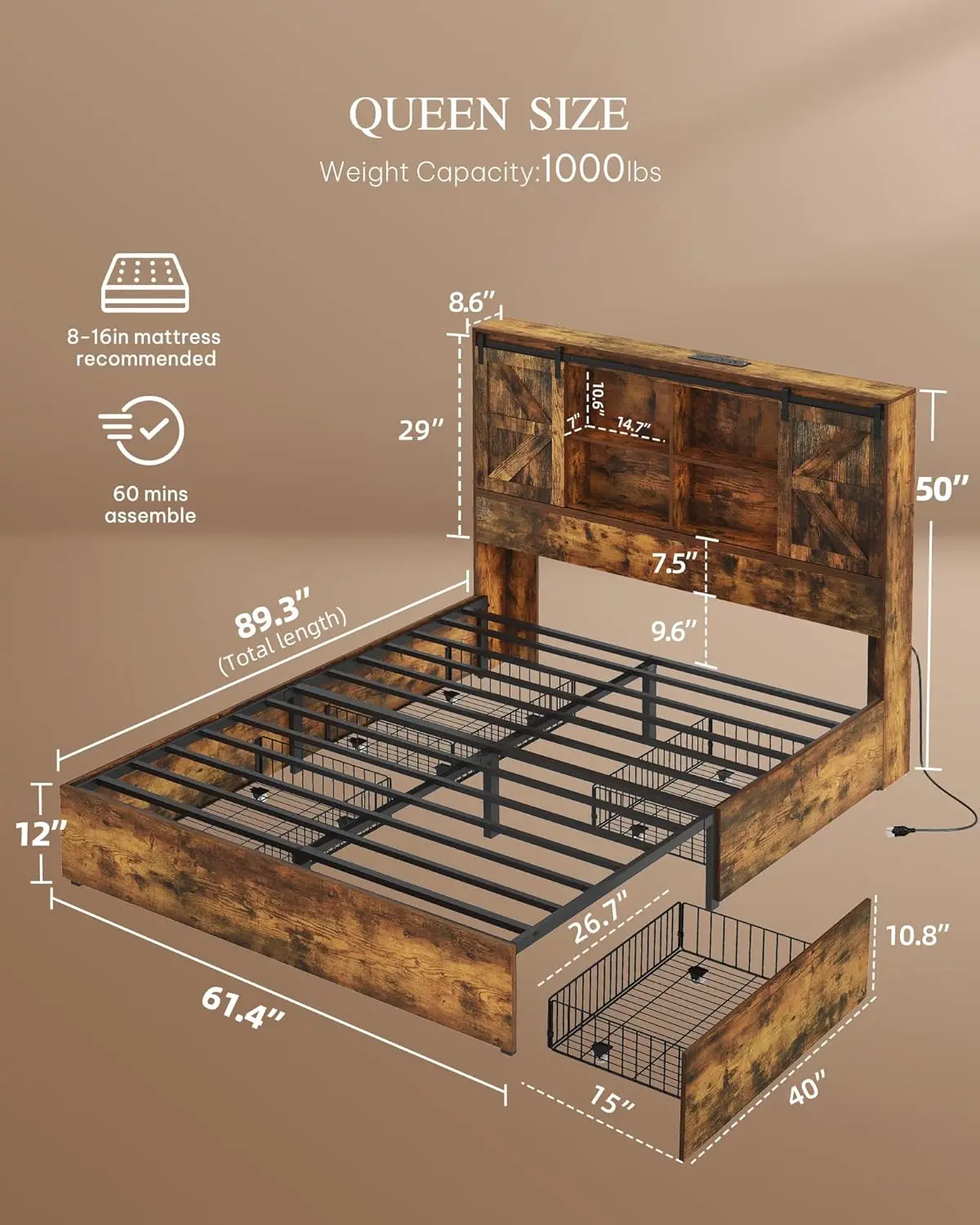 Dwvo Farmhouse Queen Size Bed Frame With Storage Bookcase Headboard, Sliding Barn Door, 4 Storage Drawers, Rgb Led Bed Frame