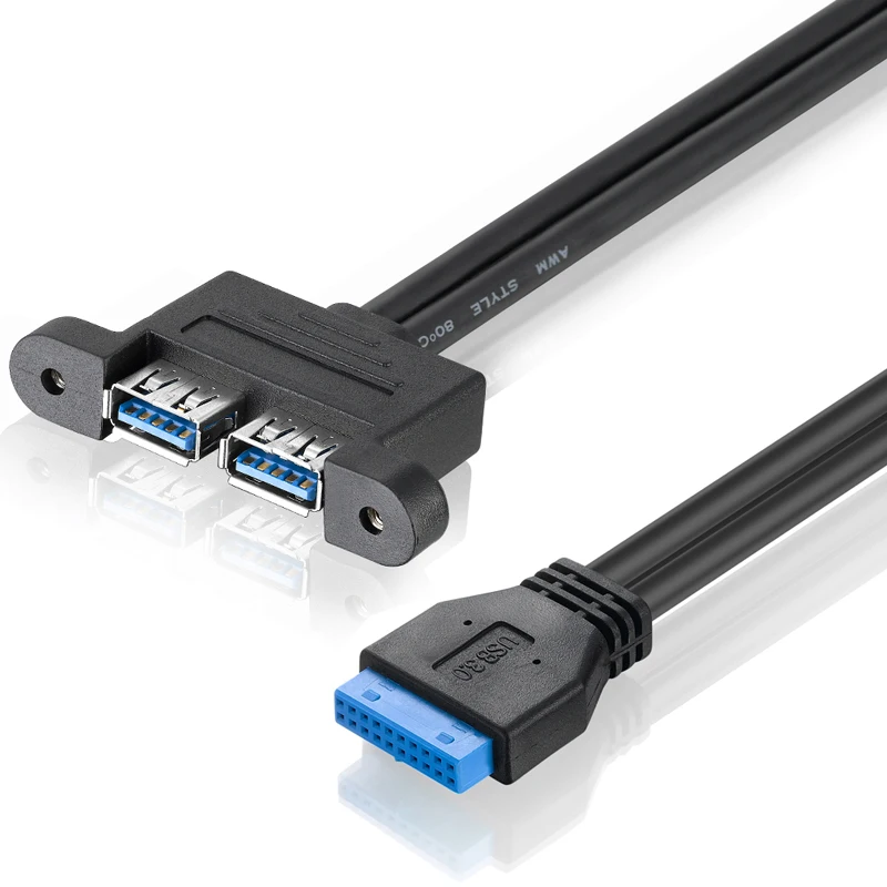 Placa base de 20 pines a Cable Dual USB 3,0 hembra blindado con Tornillo de montaje en Panel de 0,5 M