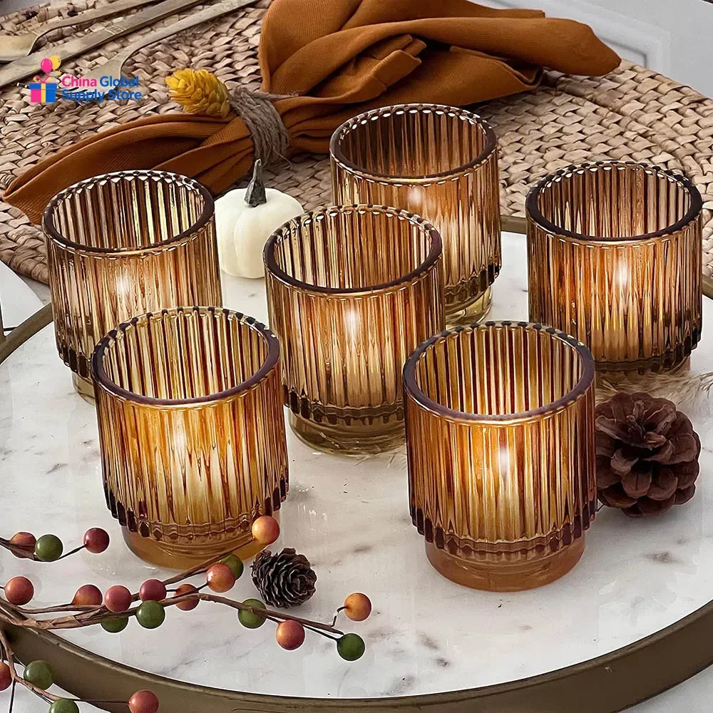Vintage Ribbed Amber Glass Tealight & Votive Candle Holders , Fall Decor, Boho Decor, Shelf Decoration