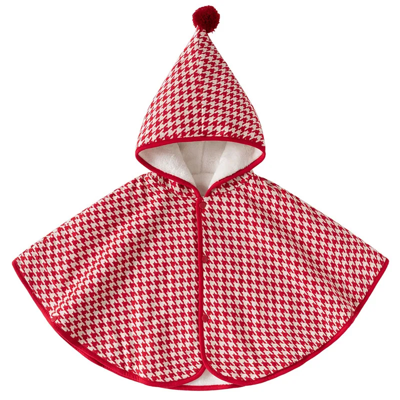 2026 Autumn Winter Newborn Girls Clothes Korean Cute Red Plaid Warm Fleece Hooded Christmas Shawl Cloak Baby Luxury Jacket B158