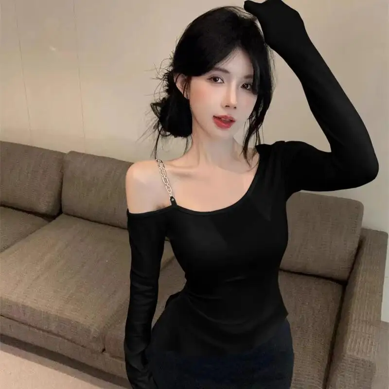Spring Autumn New Women Clothing Pure Desire Style Irregular Off Shoulder Tight Tshirt Fashion Versatile Hem Split Bottom Tops