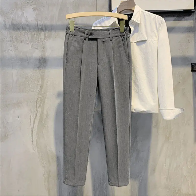 2023 New Spring and Summer Fashion Korean Edition Simple Casual Business Half Elastic Waist Drop Straight Solid Men's Suit Pants