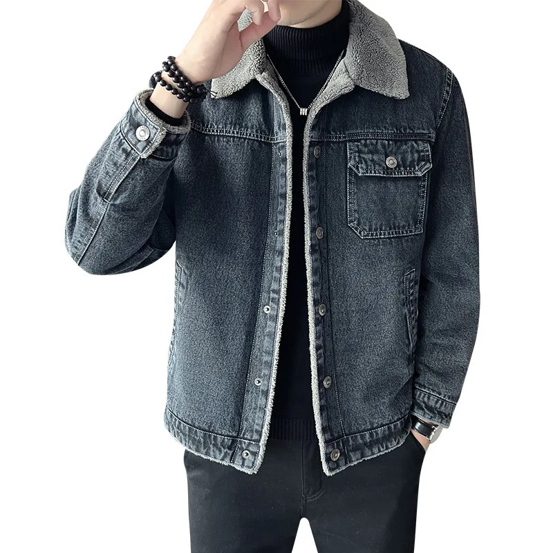 2024 Men's New Winter Lambskin Denim Jacket Fleece-Lined Lapel Leisure Warm Jacket