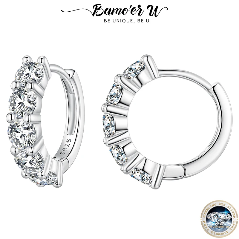 Bamoer U 1CT Moissanite Earrings Half Eternity 925 Sterling Silver Ear Buckle 5 Stones Round Hoop Wedding Jewelry Gift 3.5mm