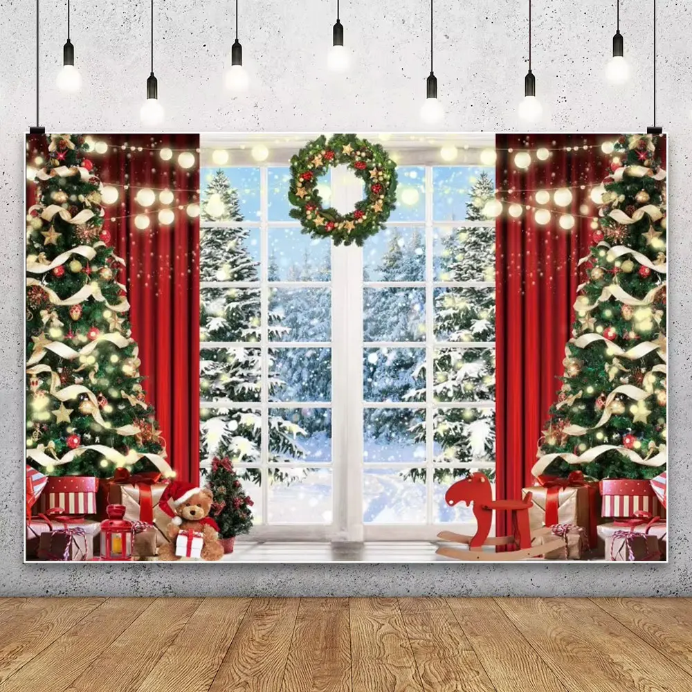 Old Brick Fireplace Christmas Tree Gift Teddy Bear Baby Christmas Party Photo Backdrop Photography Background Photo Prop Decor