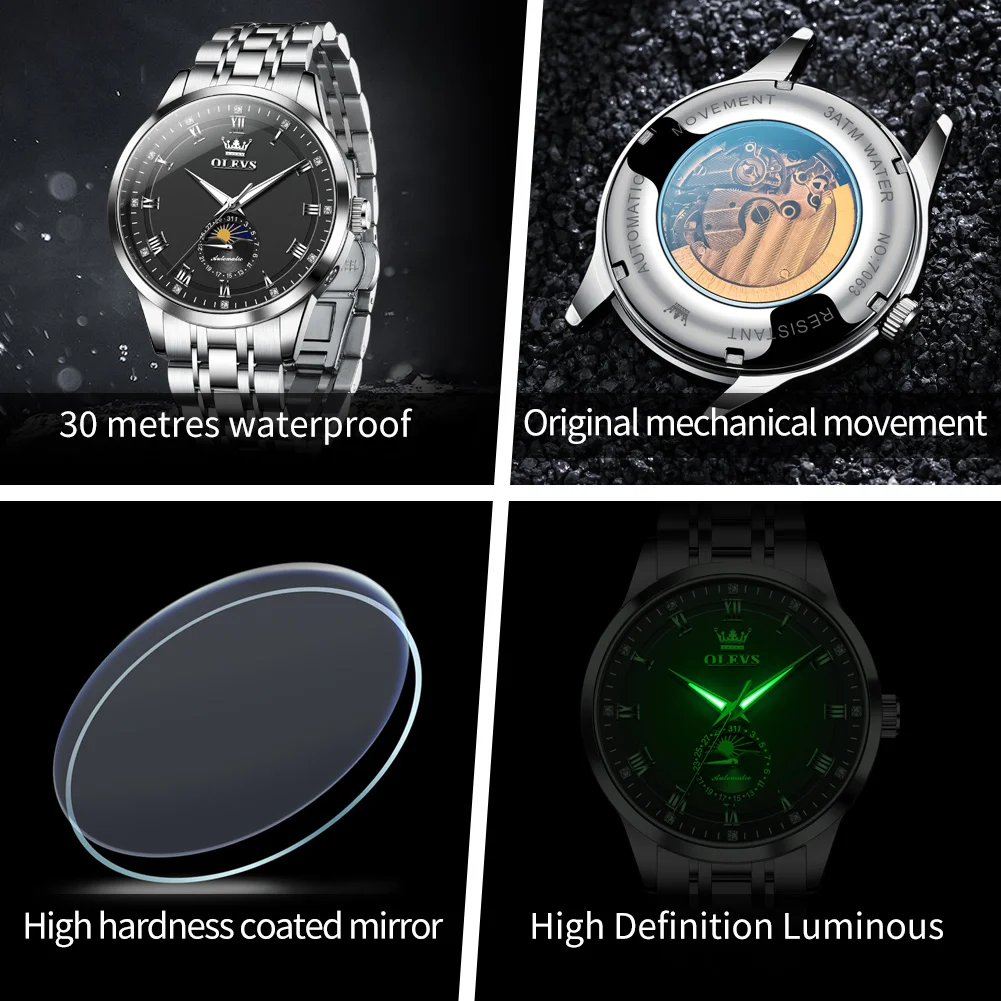 OLEVS 7063 القمر المرحلة التلقائي الميكانيكية ساعات رجالية الفولاذ المقاوم للصدأ 30 متر مقاوم للماء ساعة مضيئة الأصلي الفاخرة رجل ساعة #5