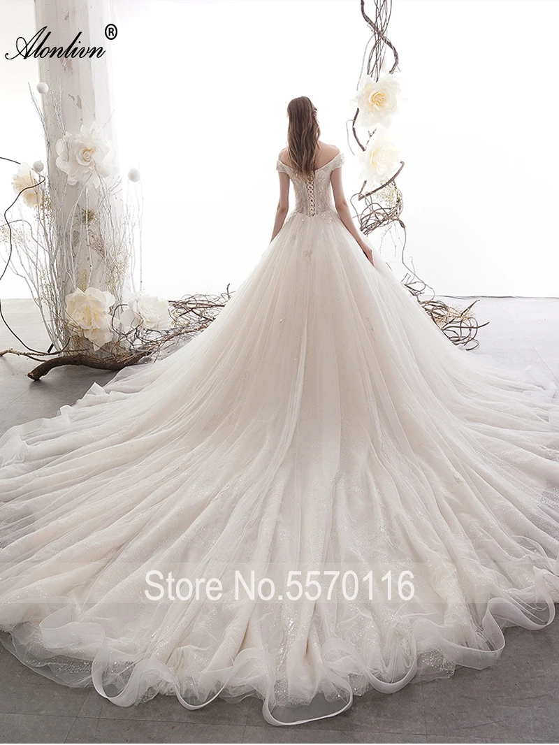 Alonlivn Short Sleeve Of A Line Gorgeous Wedding Dresses Beading Sequined Lace Off The Shoulder Bridal Gowns