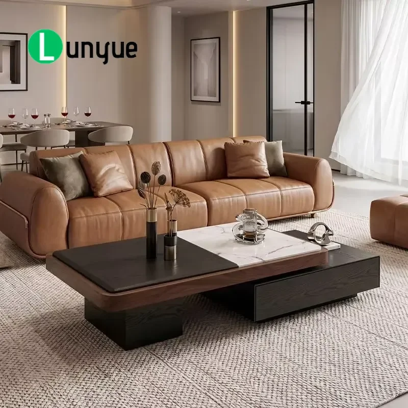 Retractable Square Coffee Table Stone Wood Mixed Surface Large Storage Locker Modern Furniture for Villa Hotel Decoration