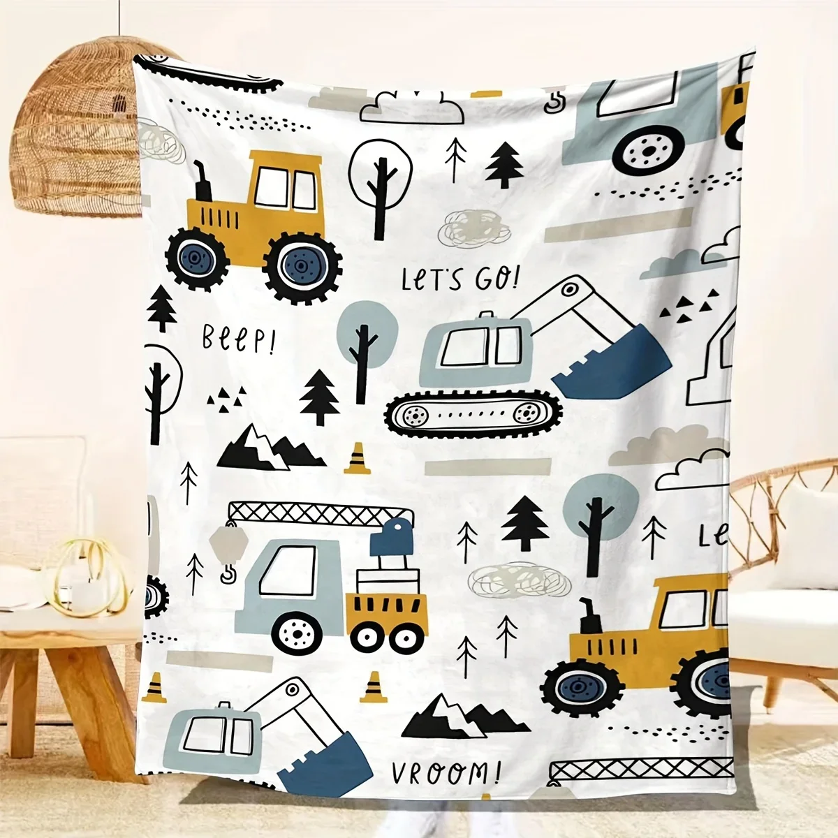 The cartoon excavator print blanket is suitable for all seasons, warm and comfortable, perfect for sofa, nap, camping