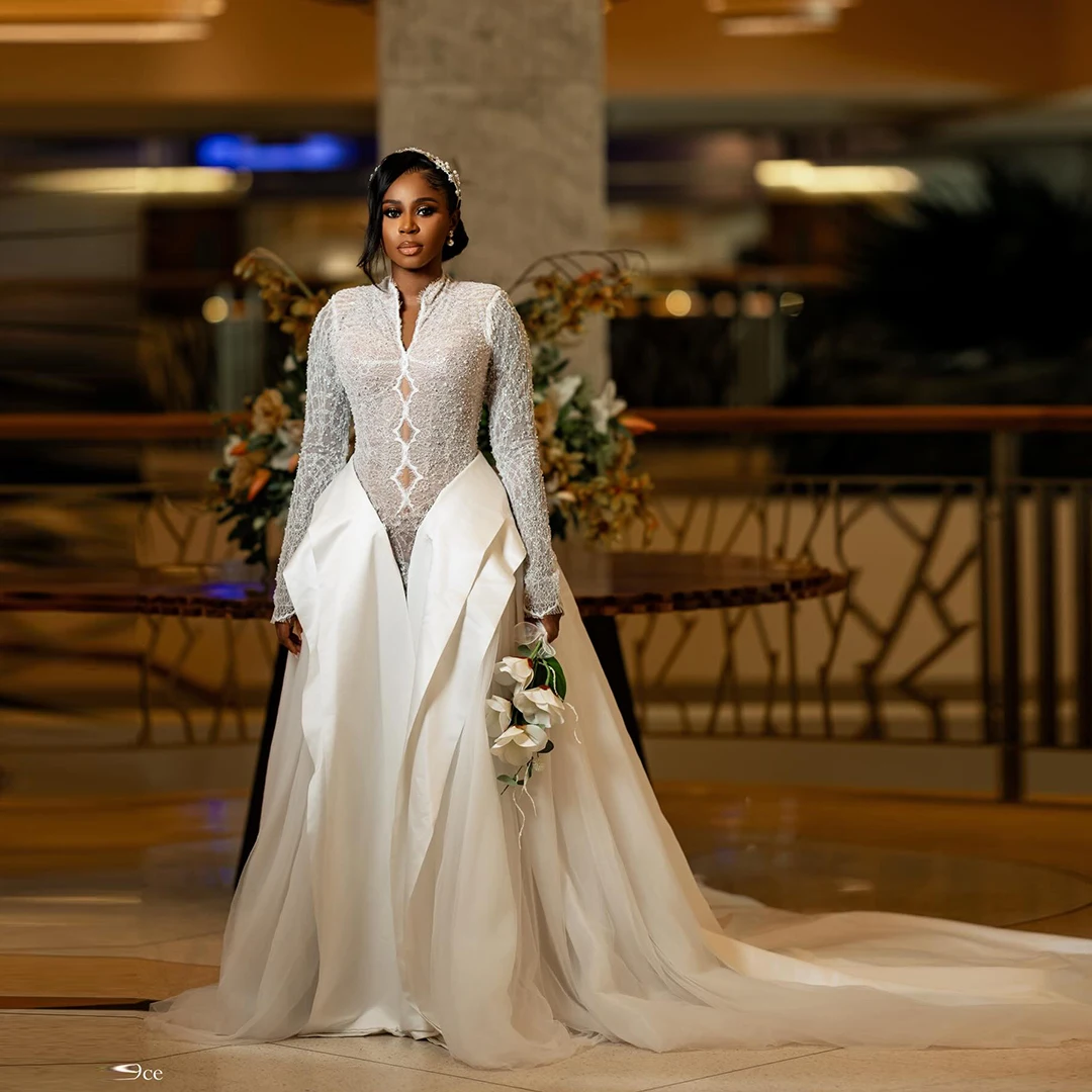 

Luxury White Bridal Wedding Dress African Ball Gown For Bride Long Sleeve Lace Sheer V-Neck Bridal Dresses Detachable Overskirt