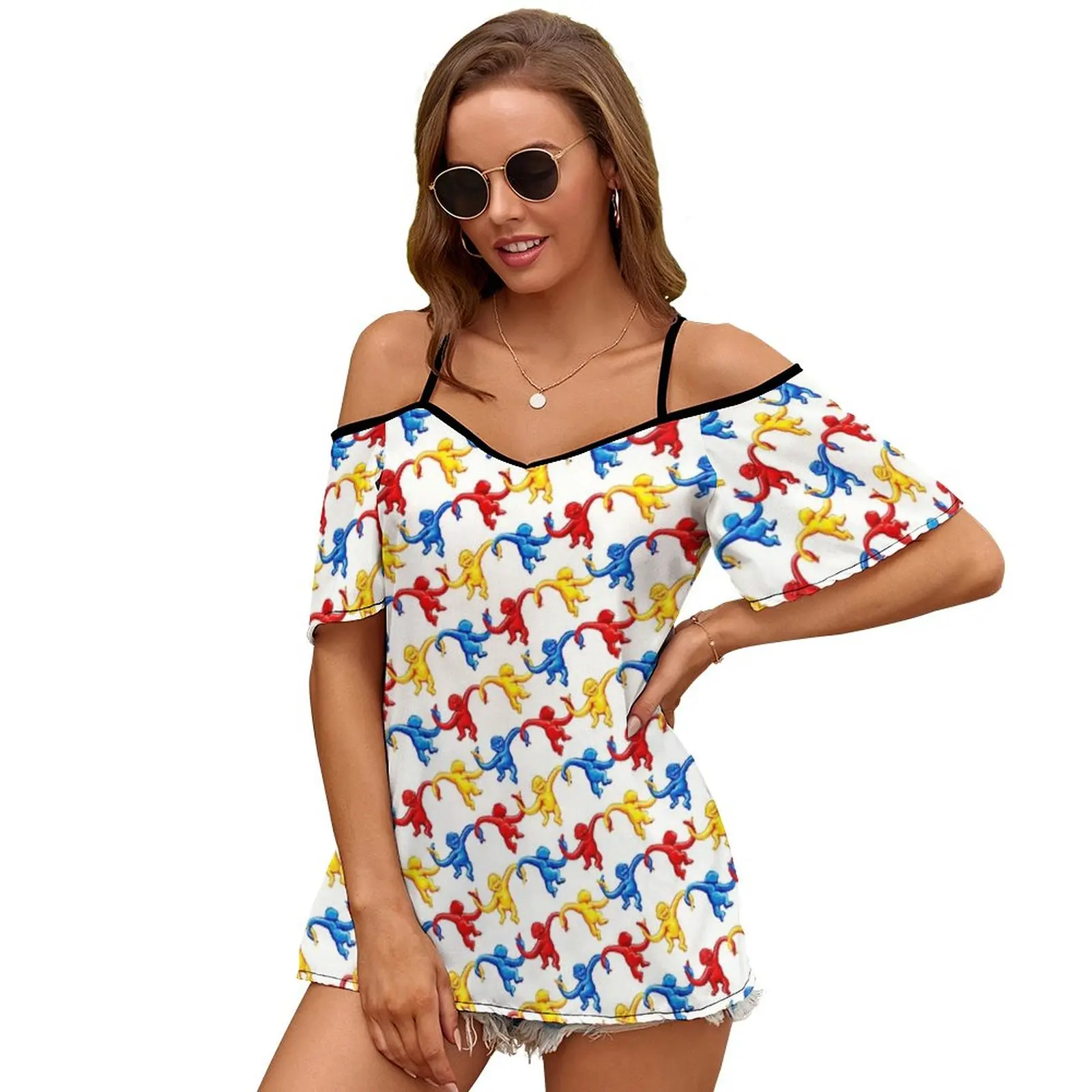 Barrel Of Monkeys Pattern Sexy And Club Fashion Female T-Shirt Short Sleeve Off Shoulder Lady T Shirts Toy Rainbow Monkey Retro