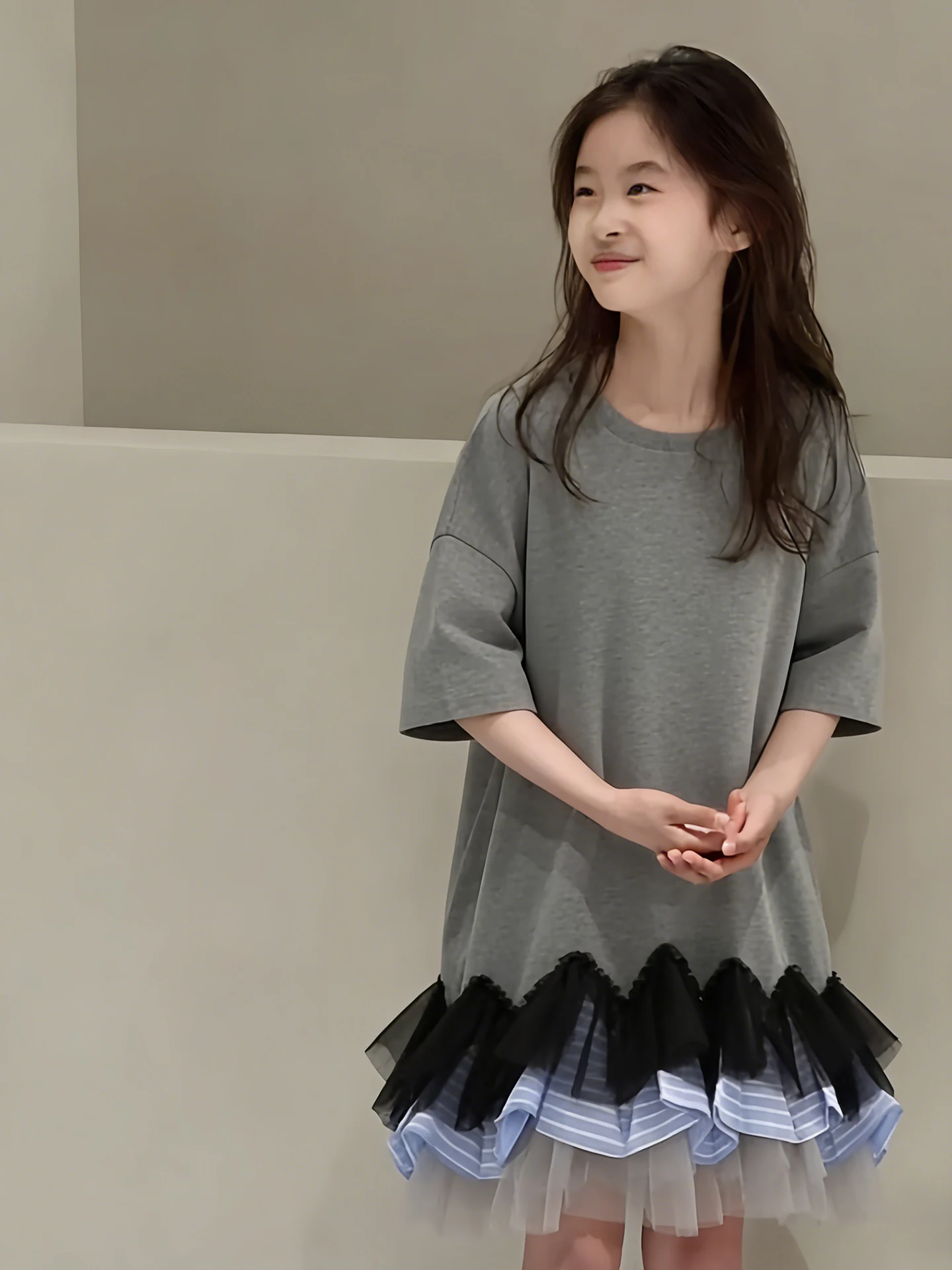 

Girls' Summer Dress Grey Loose T-shirt Skirt Splice Mesh Simple Children's Clothing Casual Style Mid-Low Waist Short Sleeve