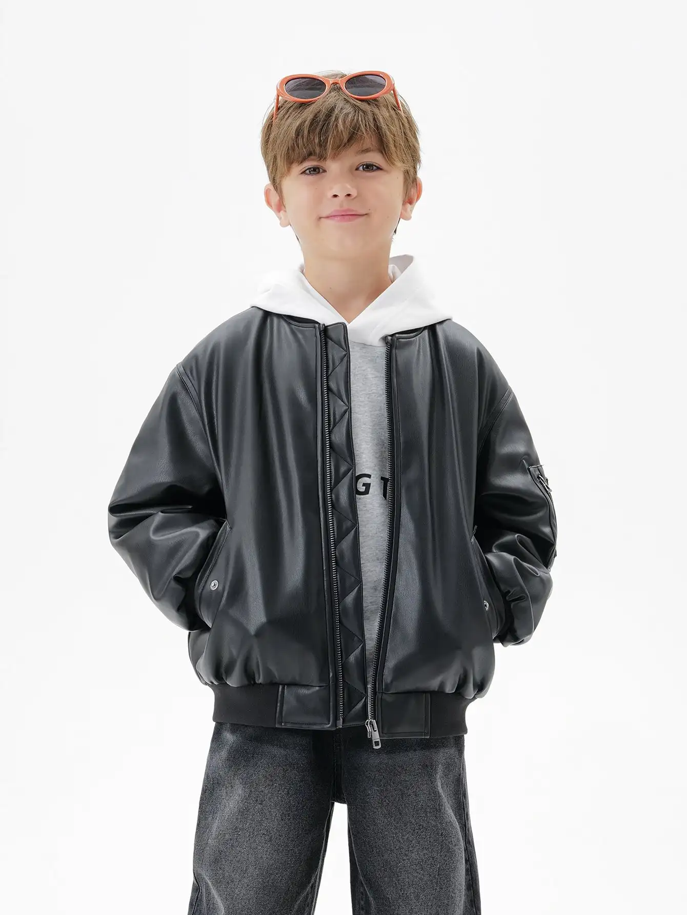 

MARC & JANIE Big Kids Boy Streetwea Trendy Padded Faux Standing Collar Leather Jacket Baseball Outwear 551251