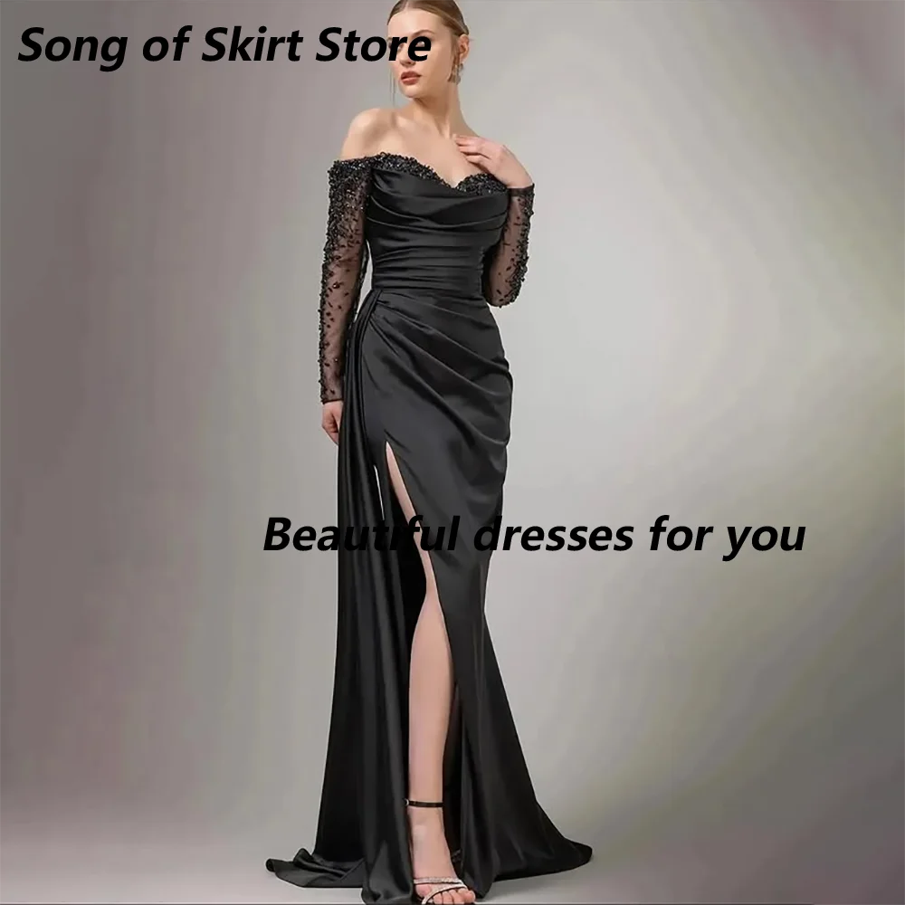 

Сексуальное черное платье для выпускного вечера с бисером и длинными рукавами, милая шея, вечерние платья русалки длиной до пола, вечерние платья с разрезом до бедра, по индивидуальному заказу