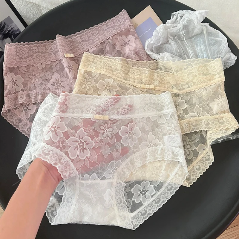 

French Style Sexy Lace Women's Panties Mid Waist Design Breathable Summer Inner Pants Feminine Transparent Triangle Briefs New