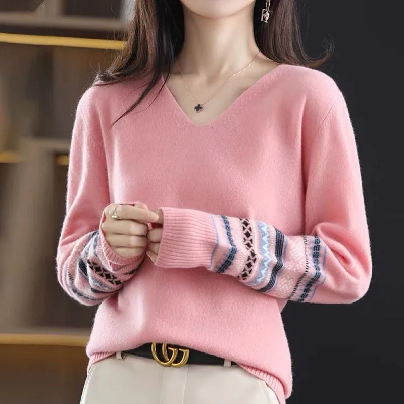 Autumn Winter Fashion All-match Long Sleeve Patchwork Sweaters Women\'s Clothing Korean Temperament Lady V-Neck Knitted Pullovers