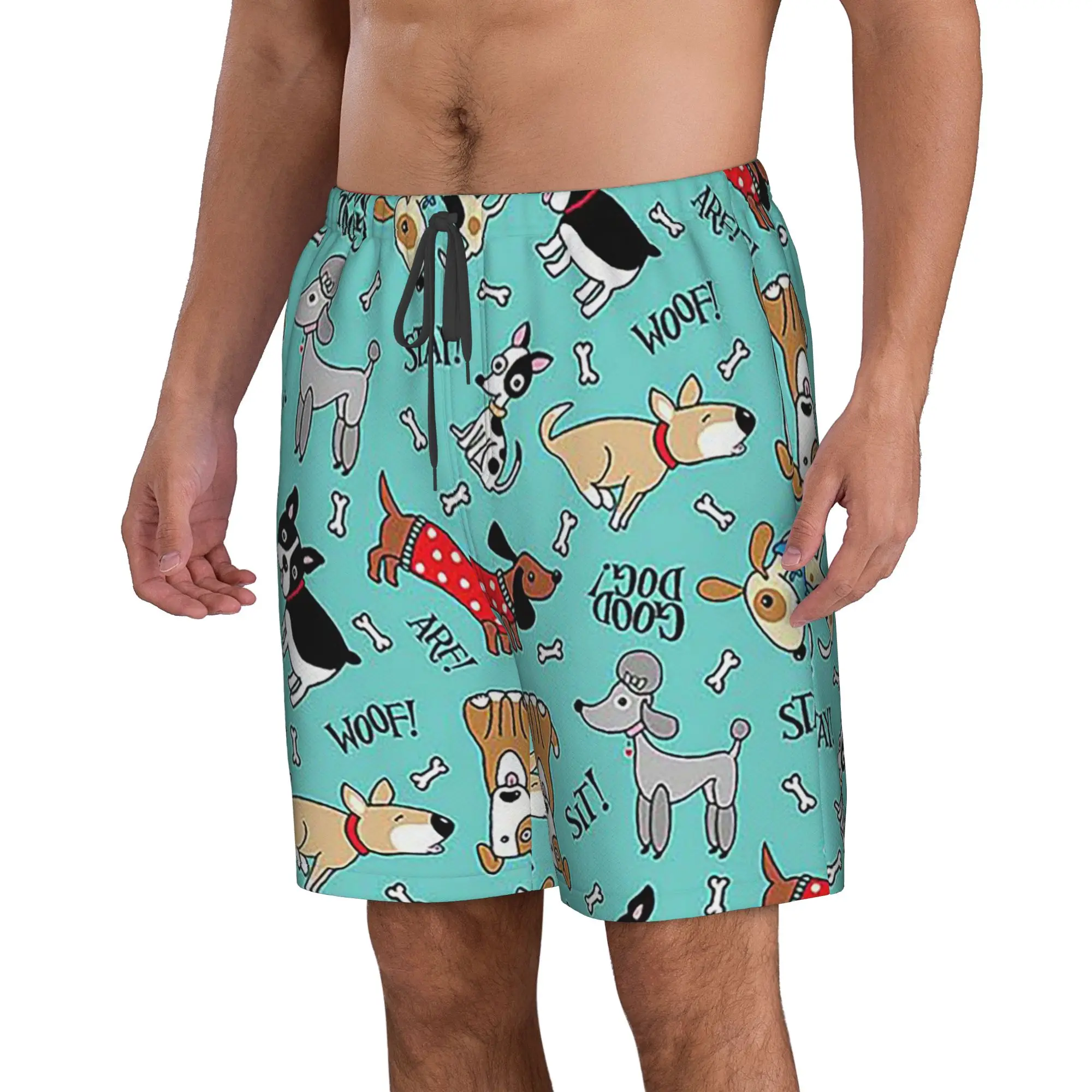 Big Eared Dog Letter Woof And Bones Trunks Beach Board Shorts Casual Quick Dry Swimming Summer Men Pants