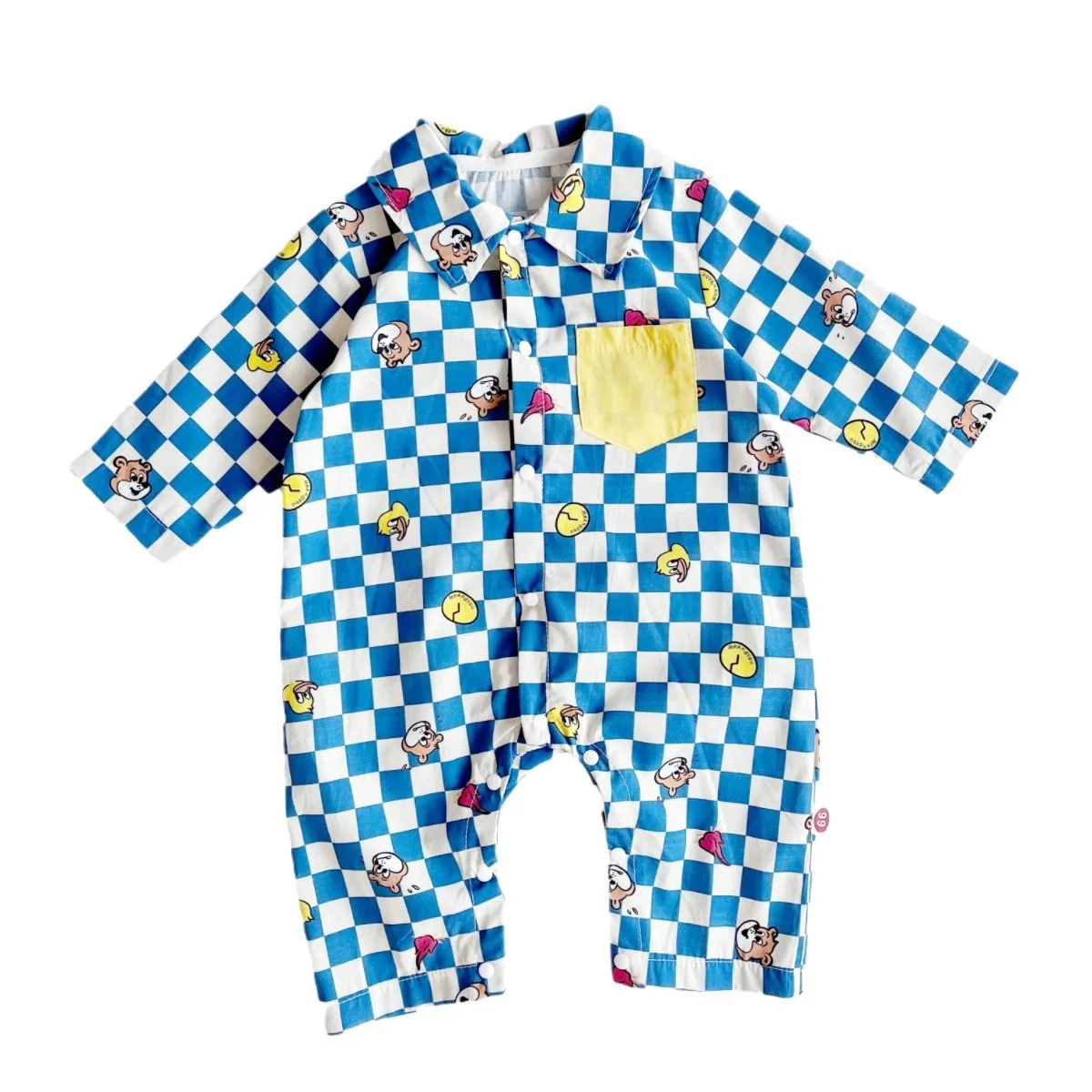 2024 Spring/Autumn New Infant Toddler Pure Cotton Grid Cartoon Printed Long Sleeve Single-Breasted Buttoned Romper