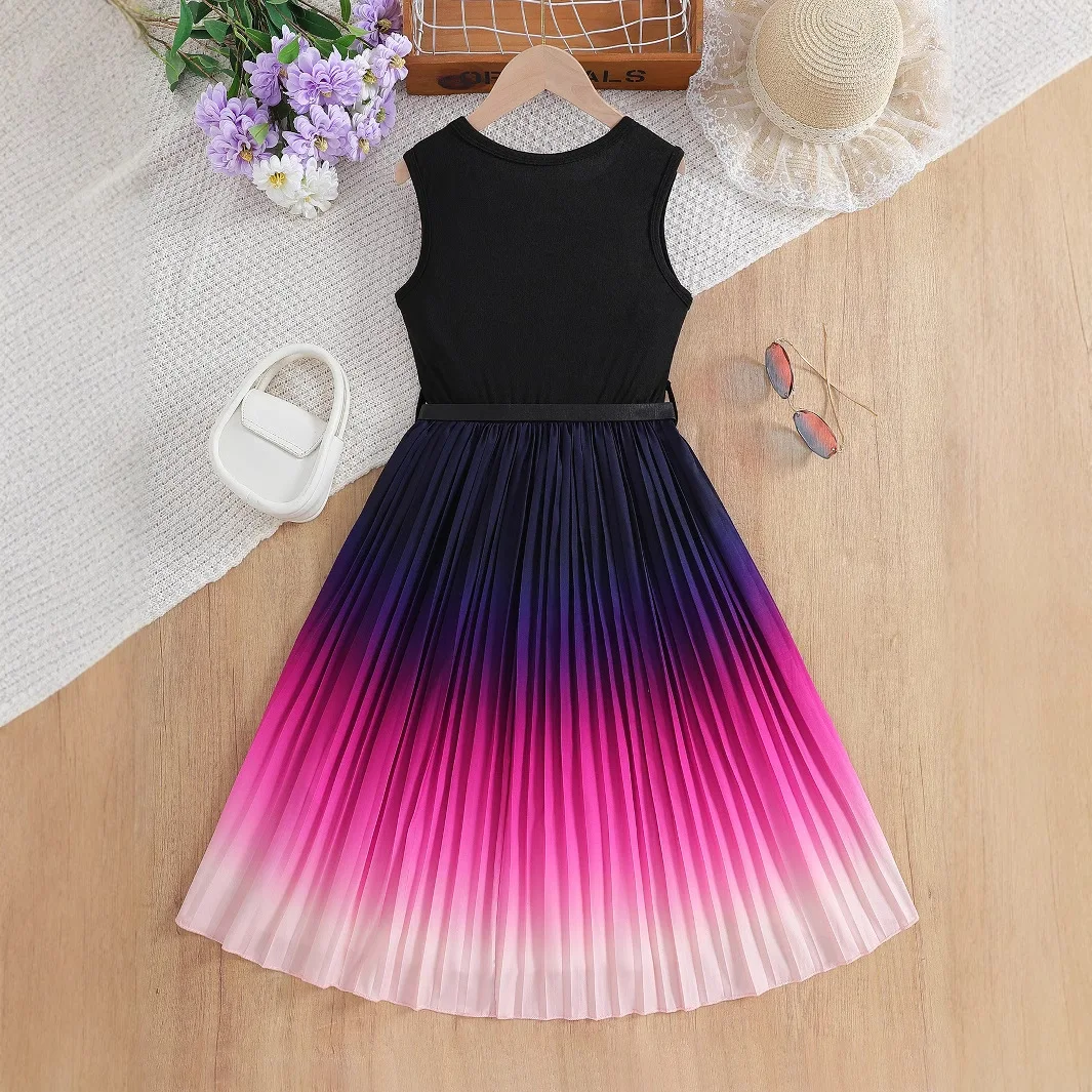 Girls Gradient Pleated Sleeveless Dress With Belt Kids Black Purple Pink Ombre Midi Dresses Summer Fashion Children Party Dress