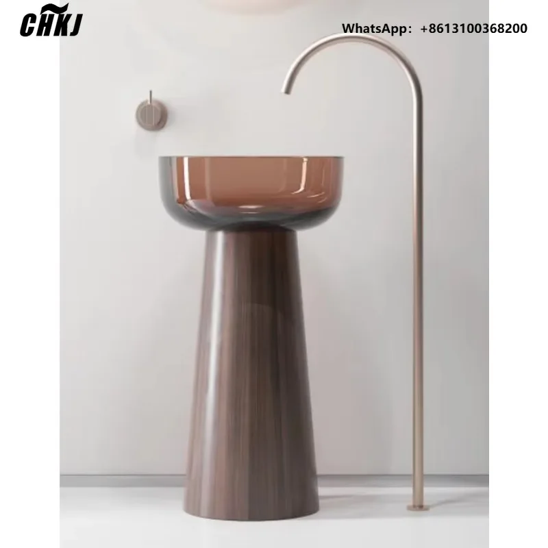 Modern red transparent wash basin transparent resin basin round standing bathroom sink with marble base