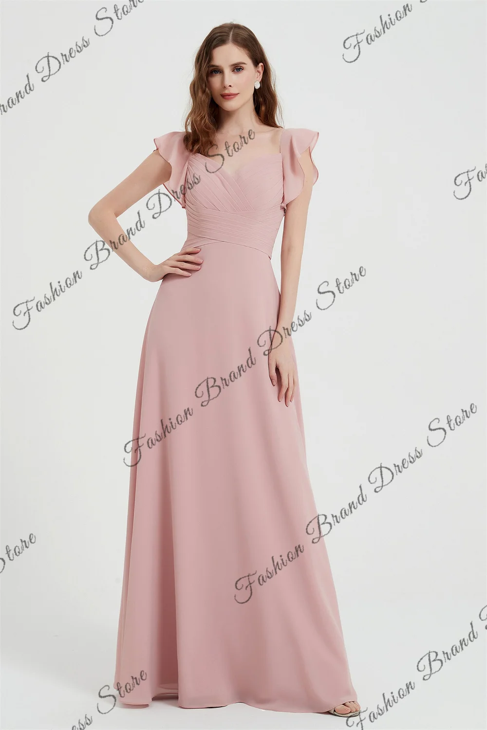 

Off-the-shoulder V-neck Chiffon Bridesmaid Dresses Short Sleeves Ruffles Backless Corset Formal Ball Gowns A-line Long Prom Gown