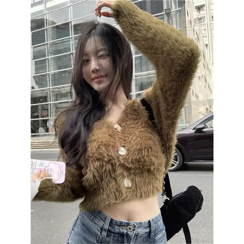 Fluffy Cropped Cardigan Faux Mink Knitted Cardigan Streetwear V-neck Purple Soft Sweater Women Long Sleeve Tops Trend Short Coat