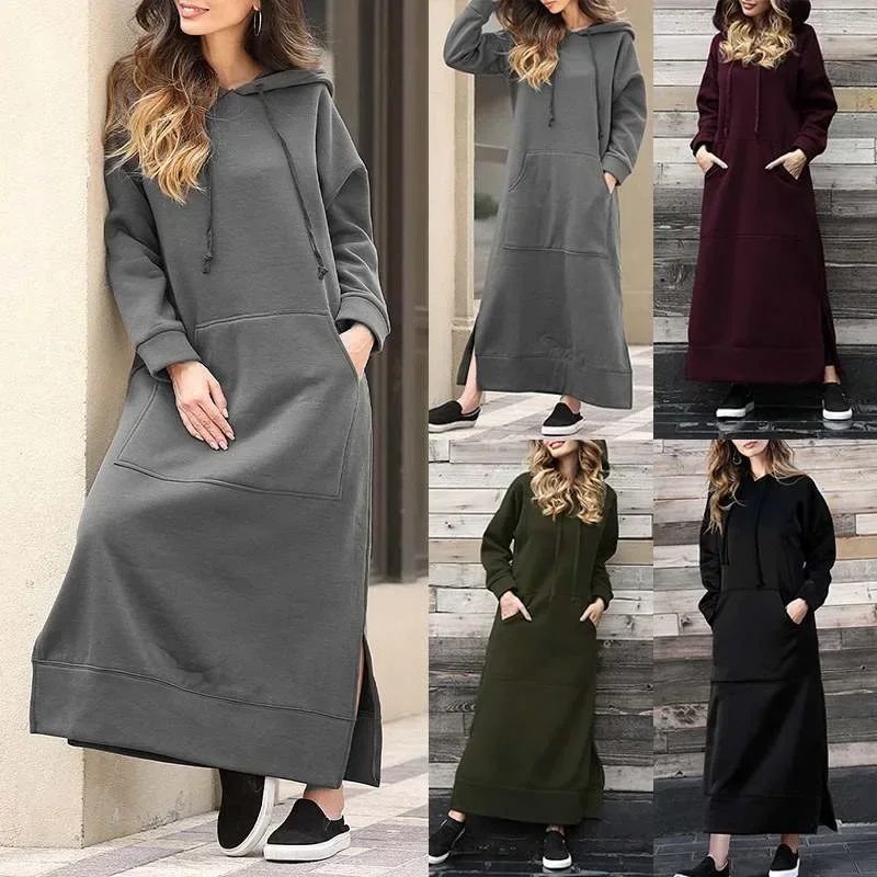 

Women Dresses Autumn Winter hoodies Hooded Big Pocket Sweaters Dress Long Sleeved Casual Loose Elegant Office Lady Vestidos