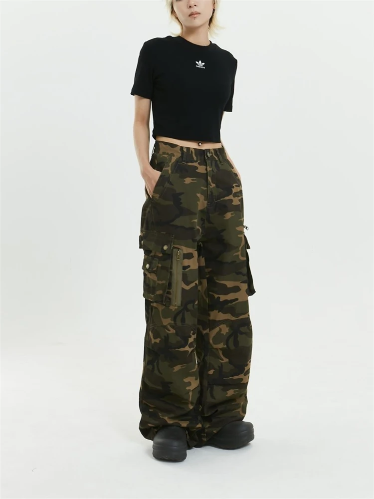 

Women's Camouflage High Waisted Unisex Thin Pants Young Girl Summer Bottoms Vintage Female Straight Wide Leg Trousers