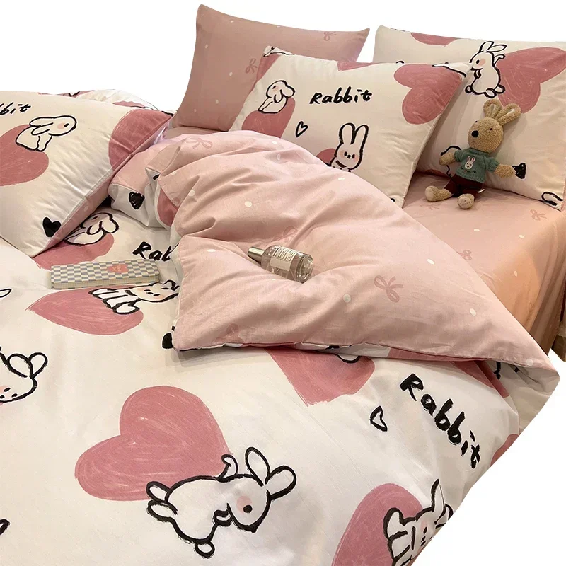 Girls' Pure Cotton Four Piece Bed Set All Cotton Pink Quilt Cover Children's Dormitory Bedding Bed Sheets