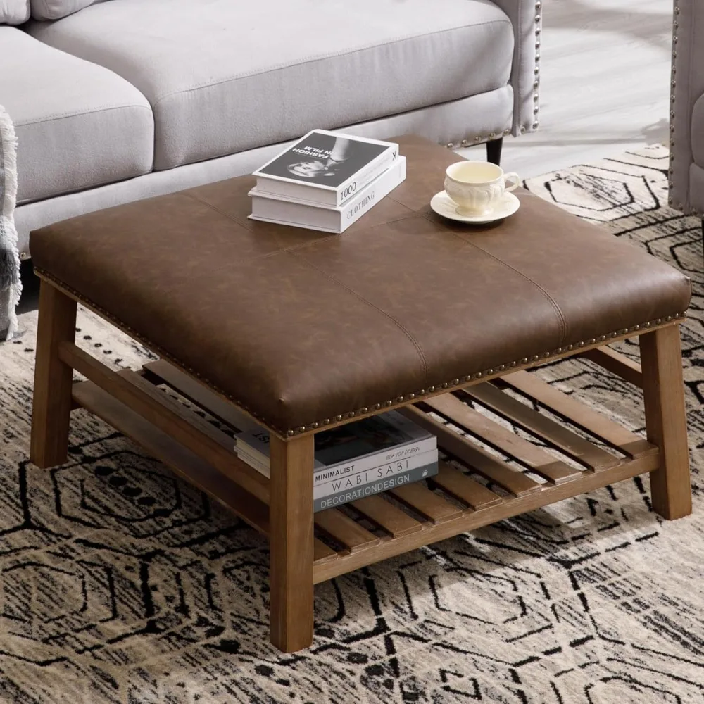 

Rivet-Trimmed Coffee Table Upholstered PU Leather Side Table with Shelf Half Open Storage Ottoman End Table for Living Room