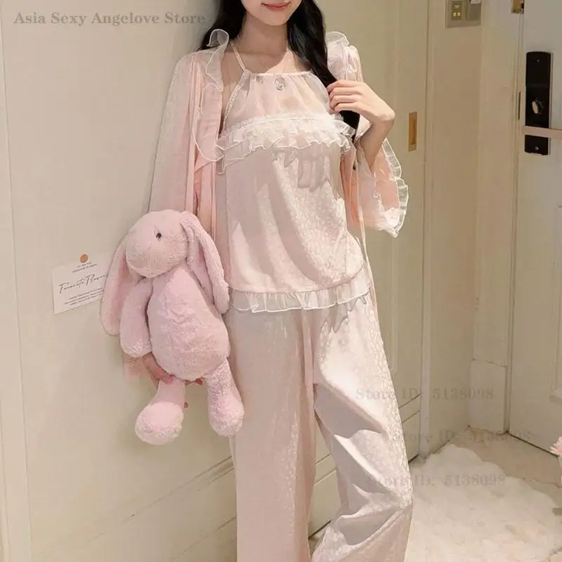 

Sexy Silk Satin 3Pcs Pajamas Set Strap Top Trouser Cardigans Homewear New Sleepwear Lace Patchwork Princess Style Night Wear
